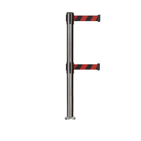 Stanchion Dual Belt Barrier Fixed Base Sat.Steel Post 7.5ftBlk/Rd Belt